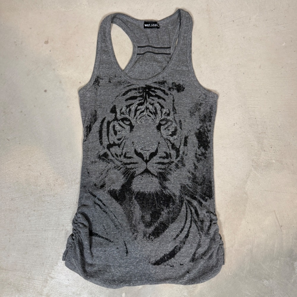 Wet Seal Grey Tiger Graphic Rhinestone Ruched Racerback Tank Top Large Y2K